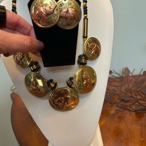 Copper and Brass Elephant Pendant & Earring Necklace Set